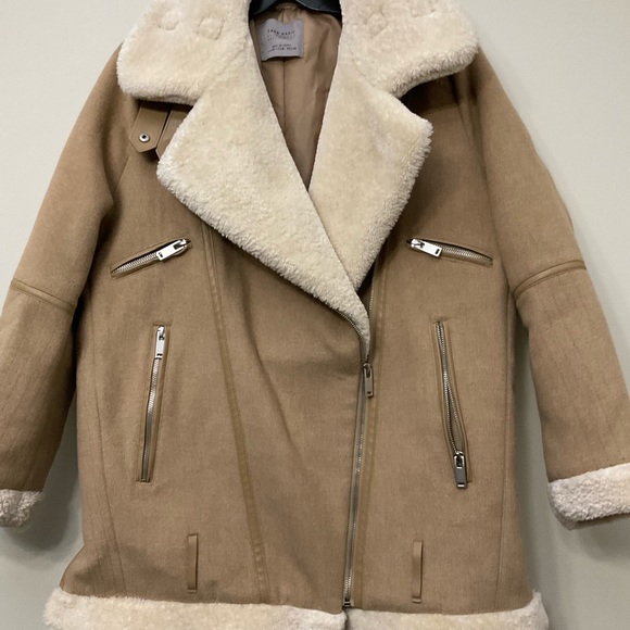 Zara Faux Fur Shearling and Suede Aviator Bomber Jacket Tan Beige Medium - Picture 2 of 13